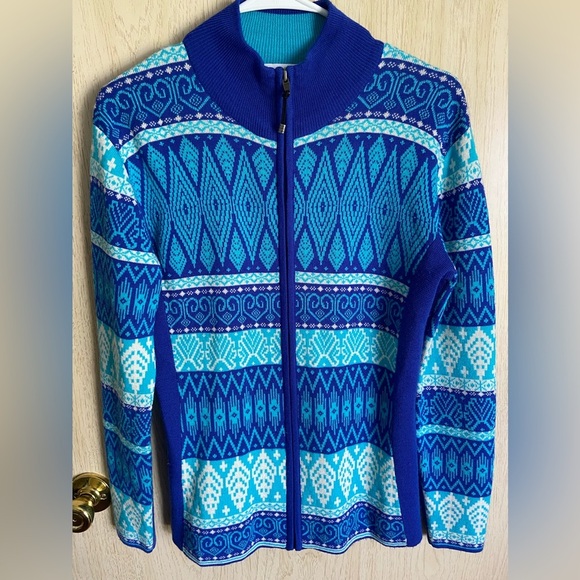 Obermeyer Merino Wool Full Zip Mock Neck Cardigan Fair Aisle Knit Medium Blue - Picture 1 of 8